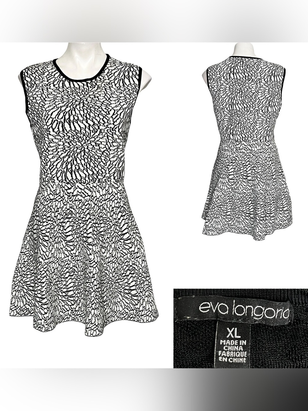 Eva Longoria dress XL Black/White Printed Fit-n-Flare knit stretch fall office